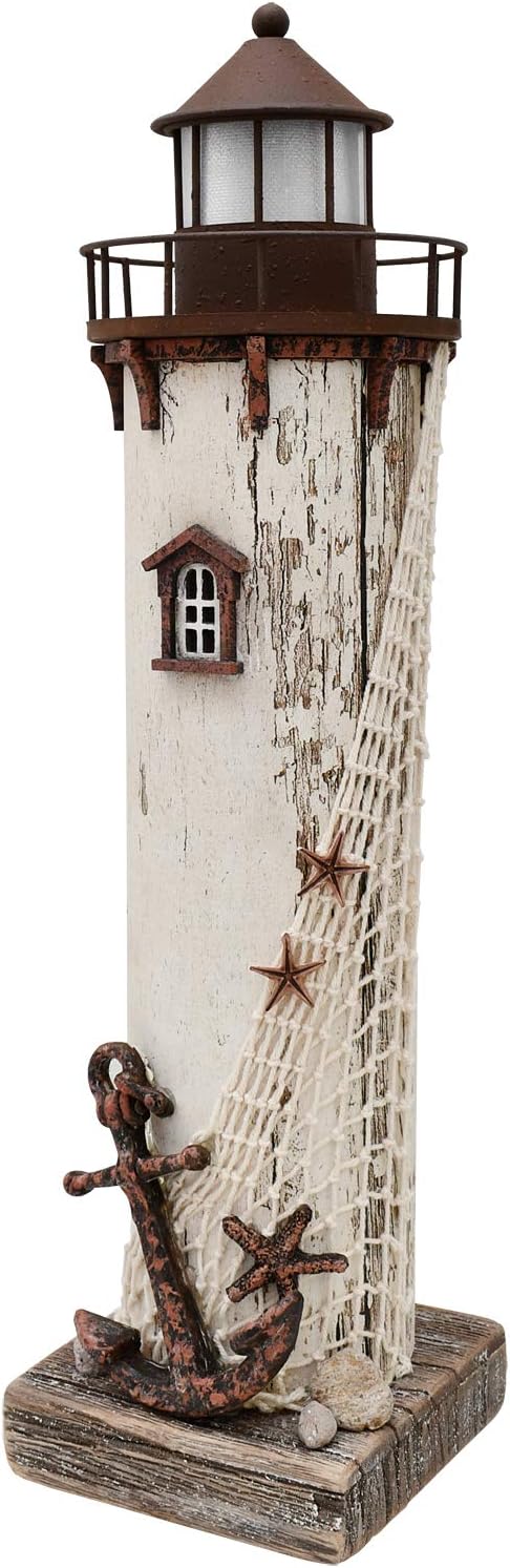 Wooden Lighthouse Decor with Light, Decorative Nautical Lighthouse Nightlight Rustic Ocean Sea Beach Themed Lighthouse Decoration