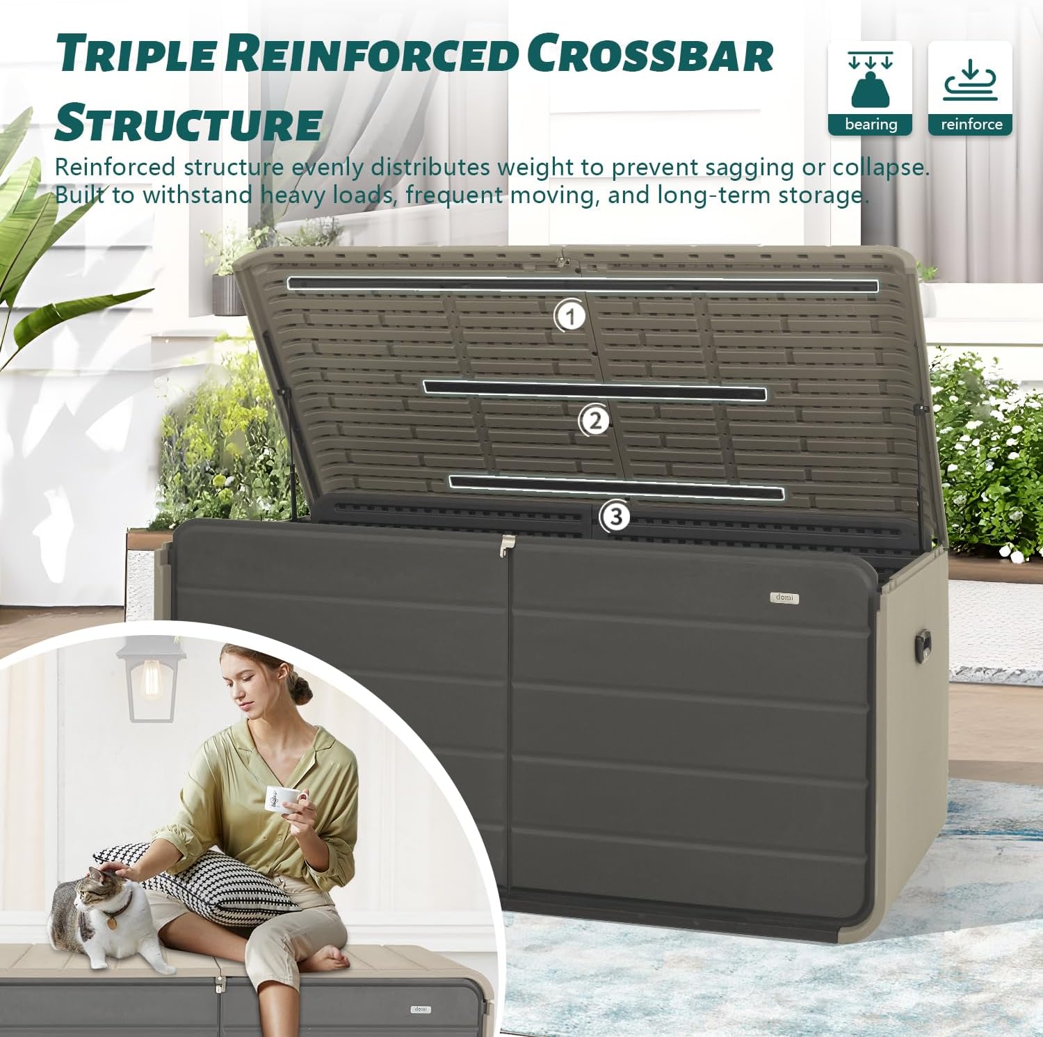 Domi 260 Gallon Outdoor Storage Box – Waterproof, UV-Resistant Deck Box with Lockable Lid for Patio Furniture, Garden Tools, Delivery Packages (Large Resin Storage Bin）