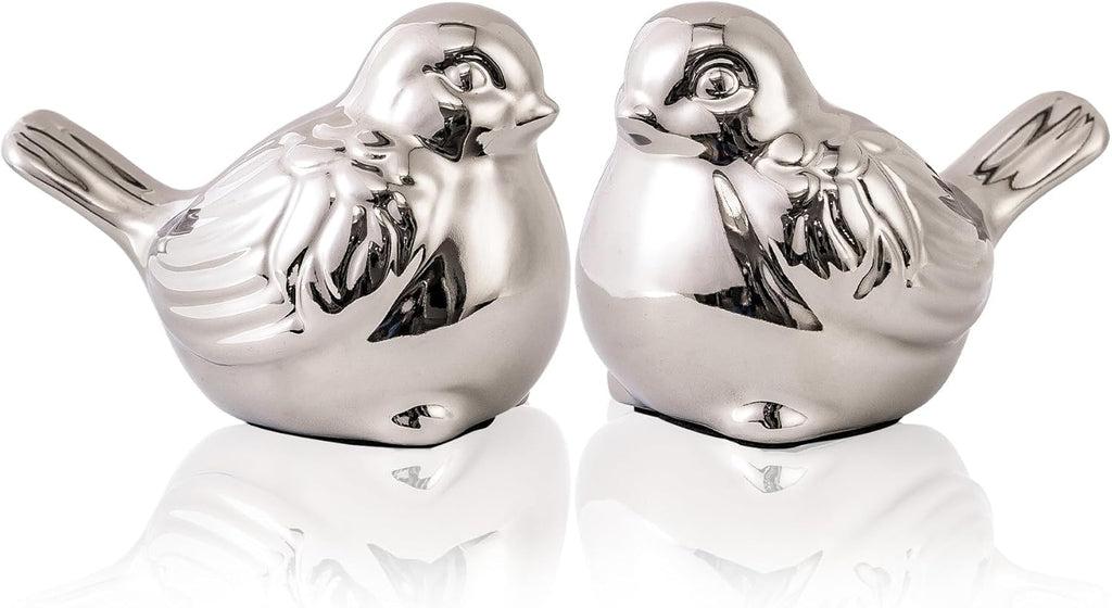 Set of 2 Small Birds Statues Silver Home Decor Modern Boho Style Figurine Decorative Ornaments for Living Room, Bedroom, Office Desktop, Cabinets, Shelf
