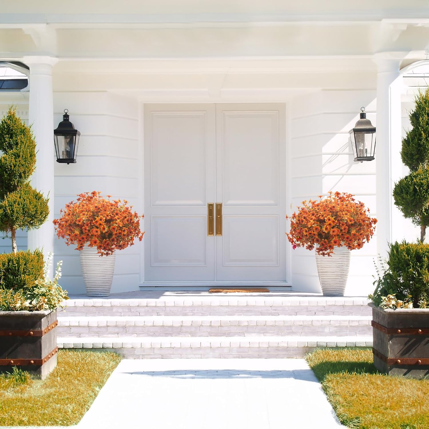 16 Bundles Artificial Fall Flowers for Outdoors Fake Plants UV Resistant Plastic Plants Shrubs Bushes for Home Fall Front Door Porch Garden Autumn Decor (Fall Red)