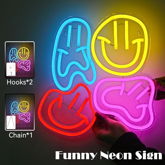 Smile Faces Neon Sign Led Colorful Distorted Happy Faces Neon Light Signs for Wall Decor Usb Light Up Signs for Kids Bedroom Aesthetic Preppy Room Decor Party Decoration Teens Gifts