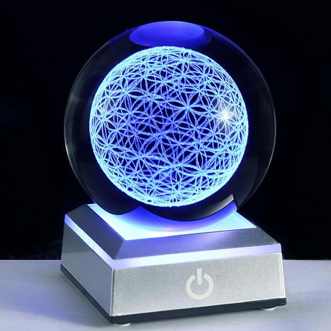 Qianwei Flower of Life Crystal Sphere with Led Colorful Lighting Touch Base, Sacred Geometry Crystal Ball Starlight Magic, Feng Shui Decor Laser Engraved Seek of Flower Inside A Sphere