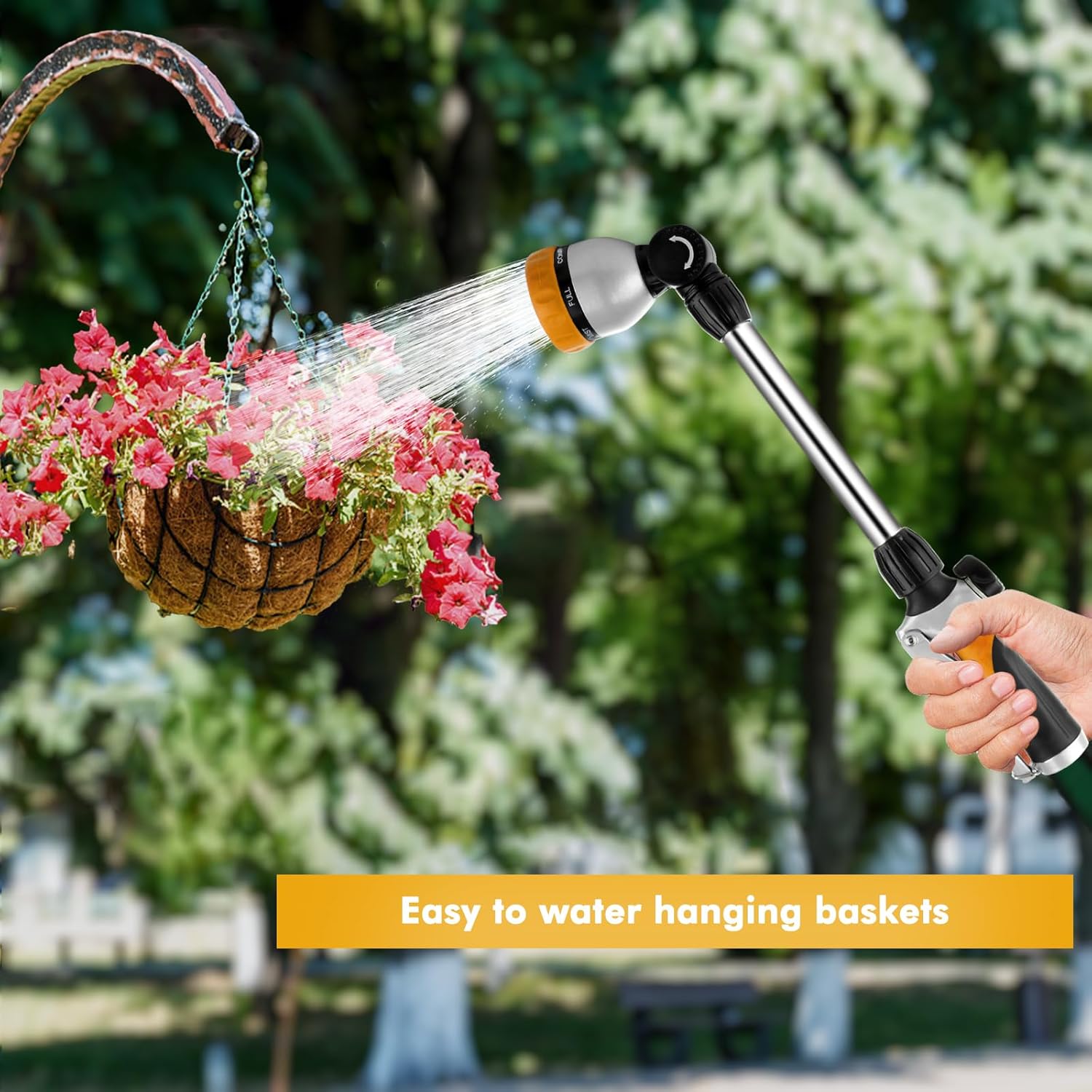 RESTMO Metal Watering Wand, Heavy Duty Garden Hose Wand with 180° Swivel Ratcheting Head, 16'' Hose Nozzle Sprayer with 7 Spray Patterns and Flow Control, for Water Hanging Baskets and Shrubs, Yellow
