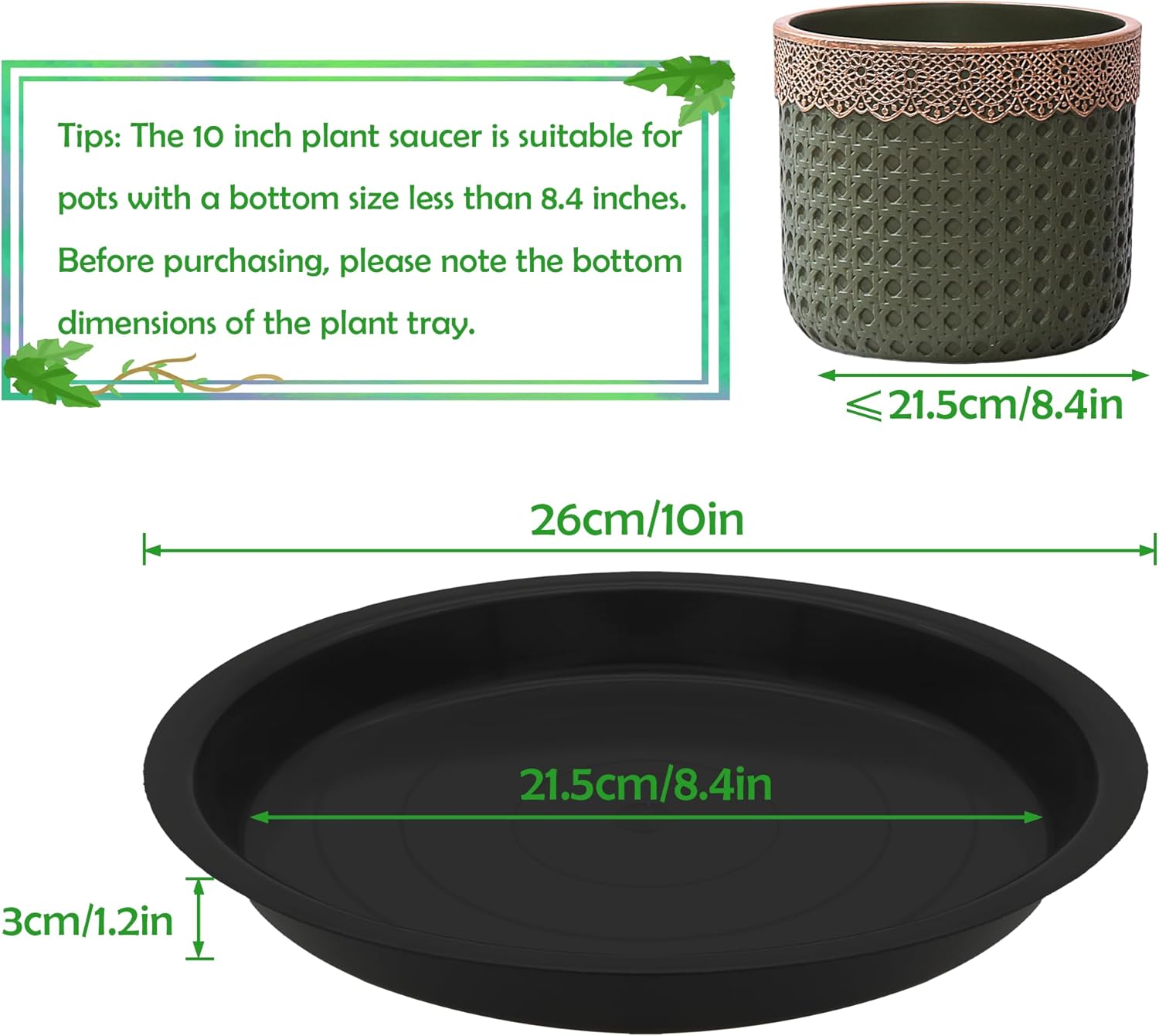 6 Pack 10 Inch Round Plant Saucers for Less 8.4 Inch Pot Indoors Outdoors Plant Trays for Pots Planter Saucer Plastic Plant Drip Tray Planter Water Tray for Potted Plants(Black, 10"(6pcs))
