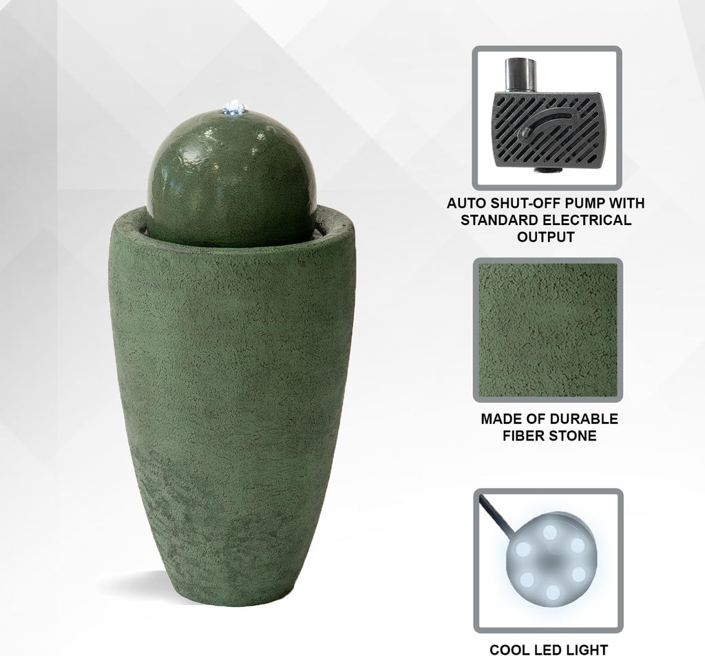 XBrand 25.98" H Round Stone Indoor/Outdoor Modern Stone Textured Sphere Water Fountain w/LED Lights, Green