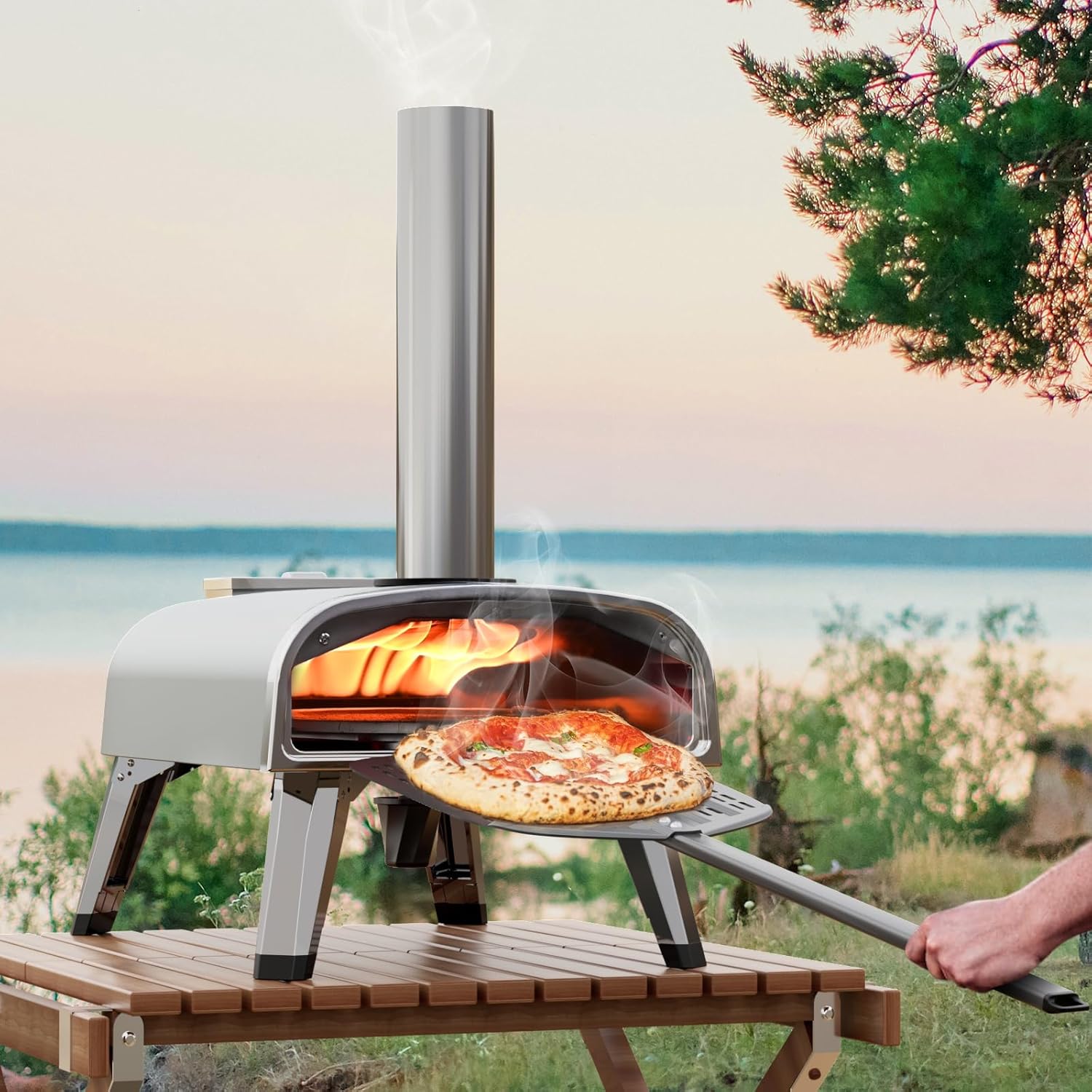 Outdoor Pizza Oven 12" Wood Pellet Pizza ovens With Rotatable Round Pizza Stone Portable Wood Fired with Built-in Thermometer Pizza Stove for Outside Backyard Camping Picnics (Grey-revolving)