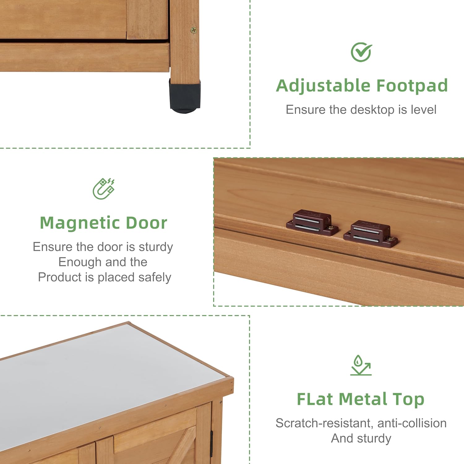 Potting Bench with Storage Cabinet and Metal Table Top for Outdoor Patio, Garden Furniture Wood Workstation