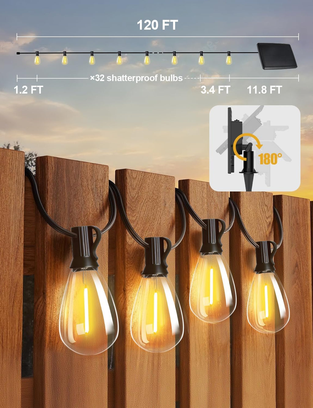 Tenmiro 120FT Solar Outdoor String Lights with Remote and 32+2 LED Shatterproof Bulbs Dimmable & Timing 3 Light Modes Solar Patio String Lights for Cafe, Garden, Deck, Outside Wedding Last for 10+Hrs