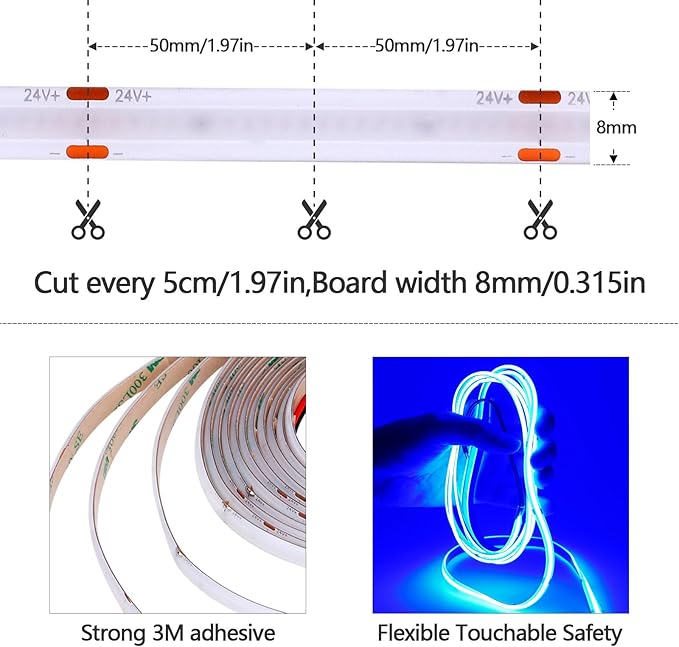 DC 24V COB LED Strip Light Blue IP65 Waterproof 5M/16.4ft Uniform Glow 2400LEDs Flexible LED Tape Lights for DIY Garden Backyard Corridor Stairs Decoration(No Power Supply)