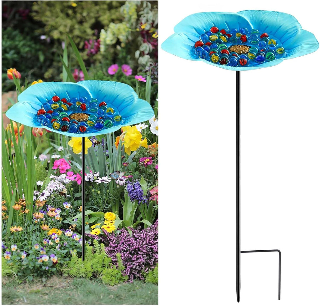 Tandefio Vivid Flower Bee Watering Station Metal Butterfly Water Feeder Cup with 30 Colorful Glass Marbles Bee Feeder Cup Butterfly Bath Bowl for Garden Outdoor Yard Decors(Blue,Flower)
