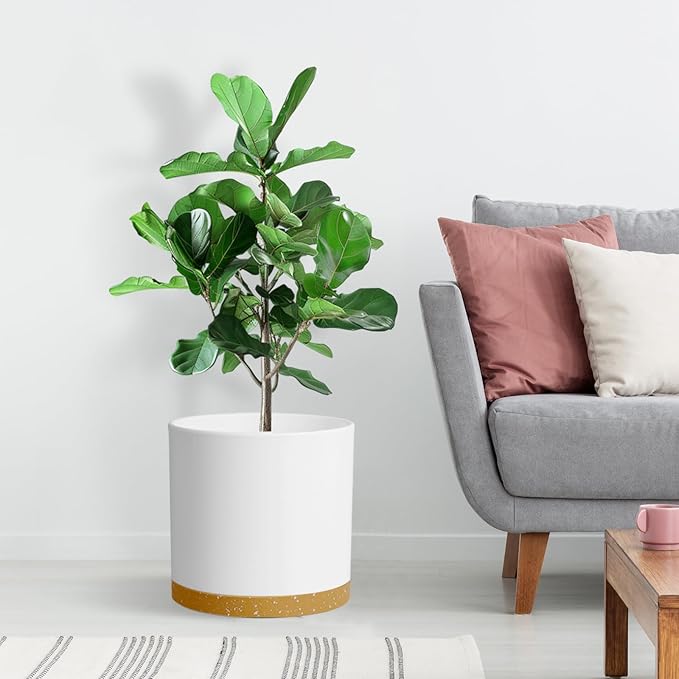 12 Inch Large Deep Plant Pots for Outdoor Indoor Plants, Cylinder Tall Flower Pots with Drainage Holes and Saucer, Big Decorative Plastic Planter Pots for Garden House Plants, White with Brown