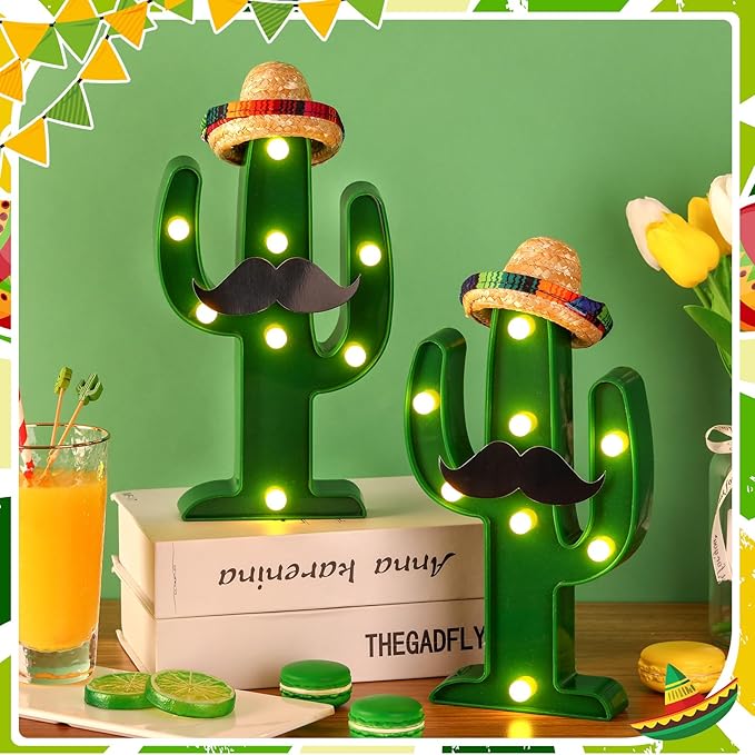 12 Pcs Cinco de Mayo LED Cactus Light with Mini Sombrero Straw Hats and Fake Beard Cinco De Mayo Table Decor Mexican Party Supplies for Table Room Bedroom Party Decoration (4.72 x 2.76 Inch)