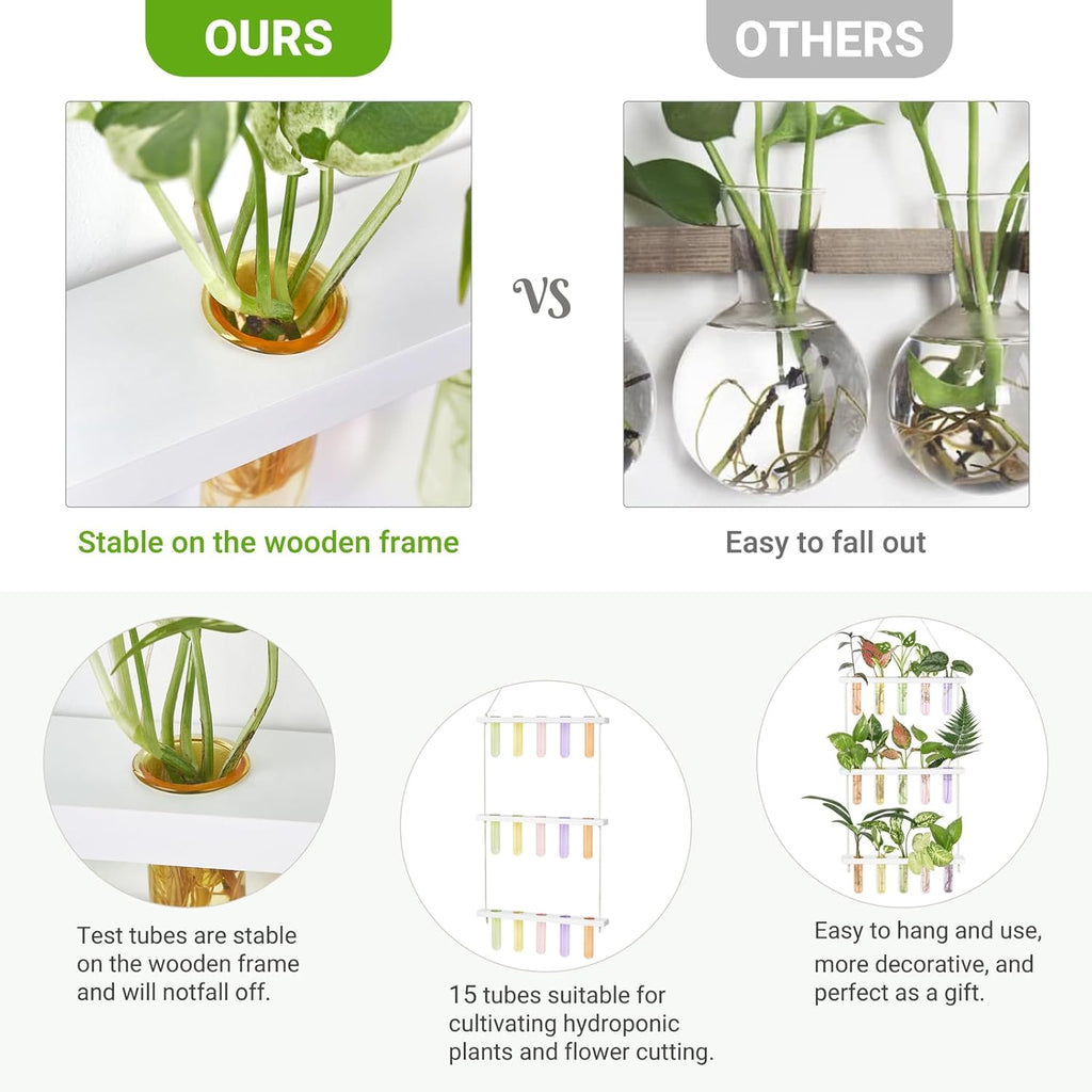 Mkono Plant Propagation Tubes, 3 Tiered Wall Hanging Terrarium with Wooden Stand Test Tube Flower Vase Glass Planter Stations Home Office Decor Plant Lover Gift, White