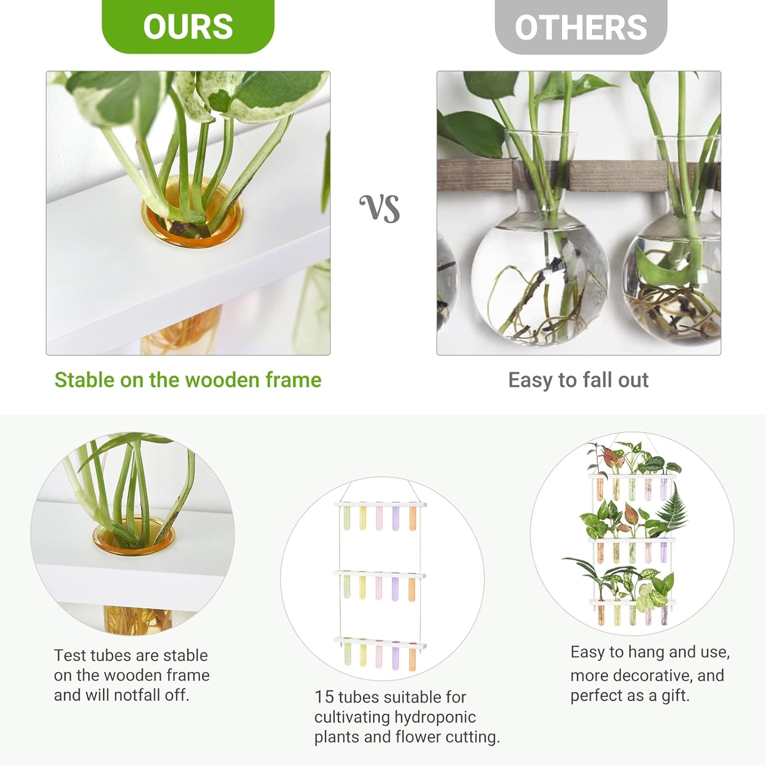 Mkono Plant Propagation Tubes, 3 Tiered Wall Hanging Terrarium with Wooden Stand Test Tube Flower Vase Glass Planter Stations Home Office Decor Plant Lover Gift, White