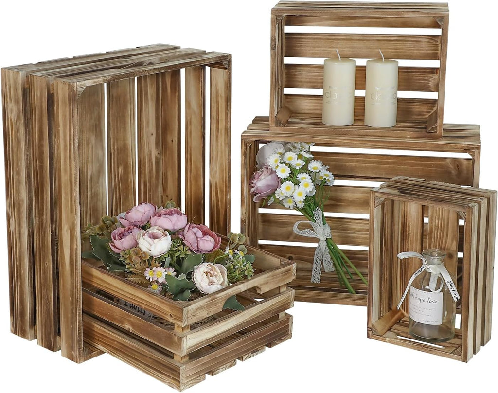 Set of 5 Large Wooden Crates, Nesting Storage Crate with Handles, Rustic Torched Brown Farmhouse Wooden Crates for Display, Wedding Birthday Home Party Living Room Kitchen Decoration