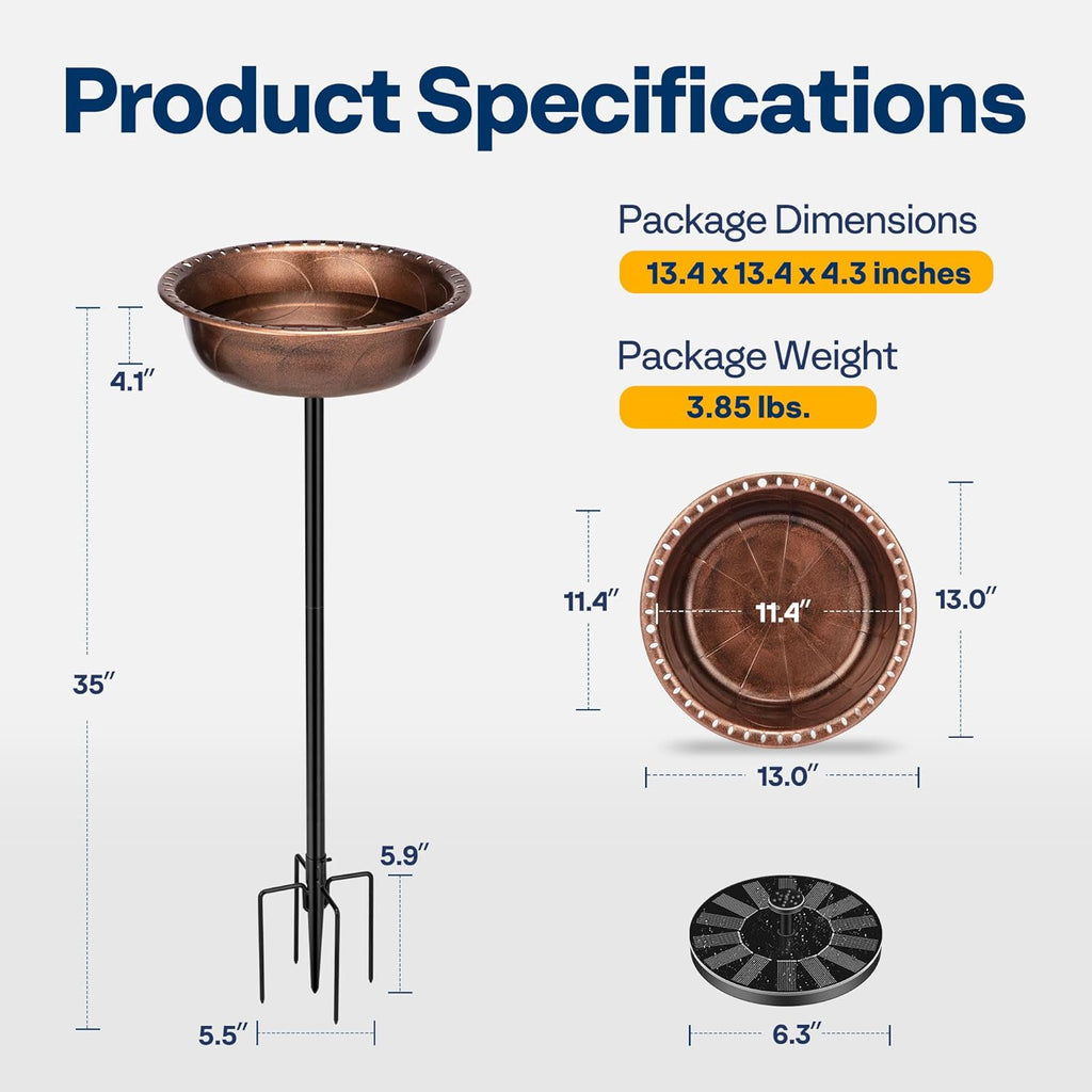 VIVOHOME Polyresin Bird Bath Bowl with Solar Fountain, 29 Inch Height Outdoor Freestanding Birdfeeder with Metal Stake, Capacity 1.4 Gallons, 5-Pronged Base, Bronze