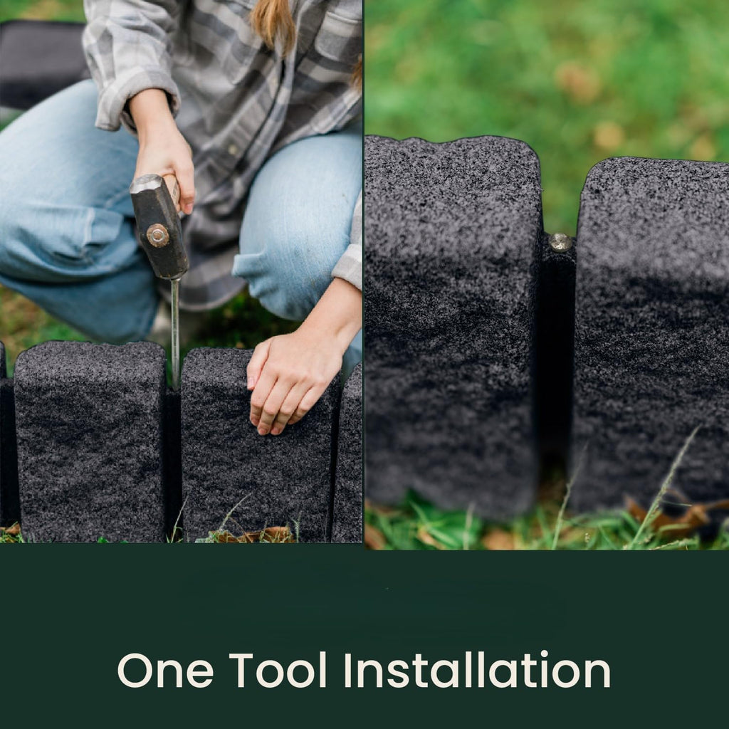 Beuta Landscape Edging | Garden Edging Border | Faux Stone Block XL for Lawn Edging, Flower Beds & Yard Edging – 1 Pack | Each Section Has 6 Blocks 48" L x 4" W x 9.5" H | 3 Spikes | Charcoal