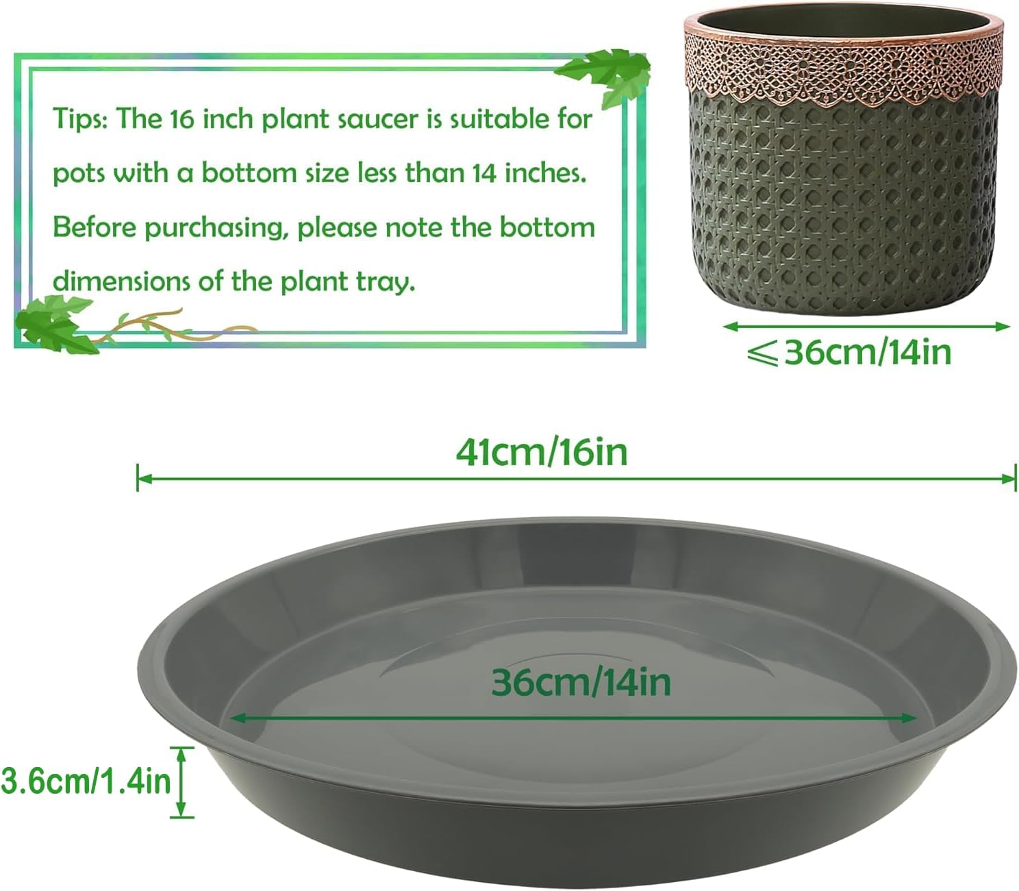 4 Pack 16 Inch Round Plant Saucers for Less 14Inch Pot Indoors Outdoors Plant Trays for Pots Planter Saucer Plastic Plant Drip Tray Flower Planter Water Tray for Potted Plants(Gray, 16"(4pcs))