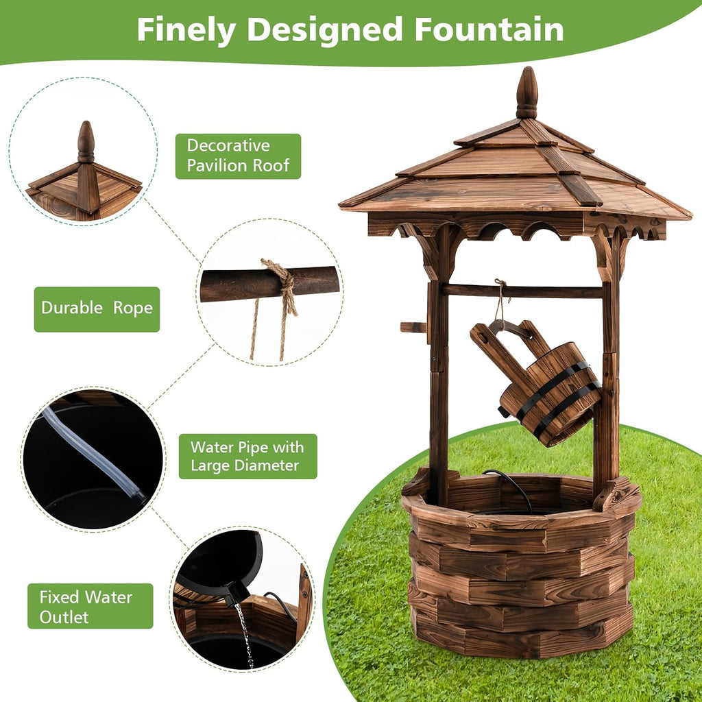 Tangkula Outdoor Wishing Well Water Fountain, Old-Fashioned Wood Waterfall Fountain w/Bucket Pump, Rustic Farmhouse Decoration for Garden, Backyard, 46 Inch Tall (22.5" x 22.5" x 48.5")