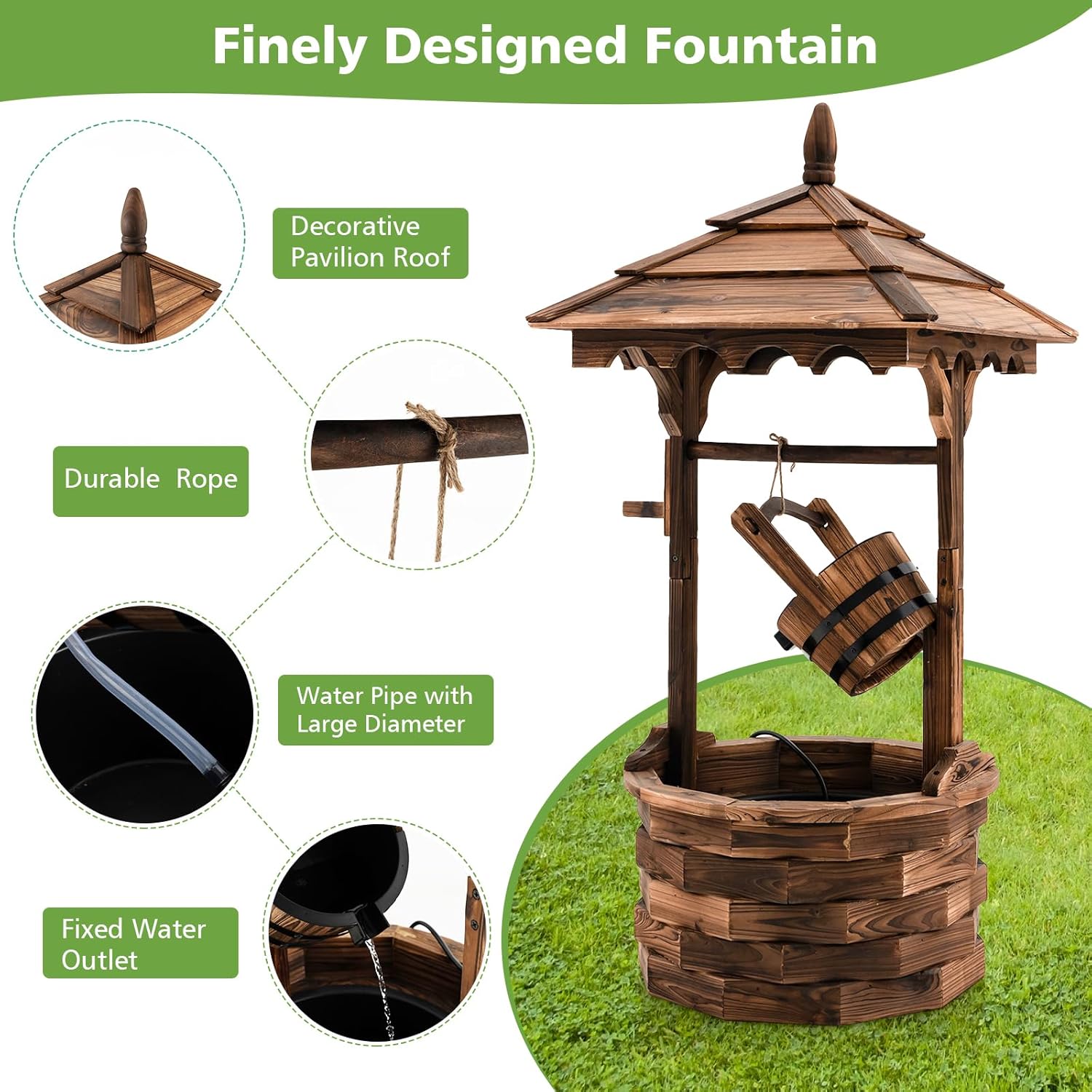 Tangkula Outdoor Wishing Well Water Fountain, Old-Fashioned Wood Waterfall Fountain w/Bucket Pump, Rustic Farmhouse Decoration for Garden, Backyard, 46 Inch Tall (22.5" x 22.5" x 48.5")