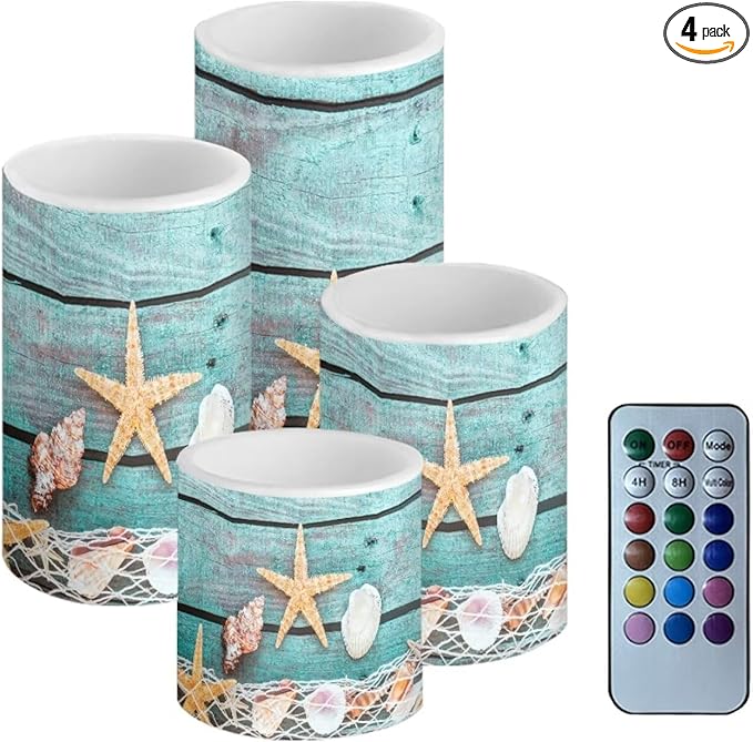 Flameless Light Candles Battery Operated Candles with Color Changing Timer Remote Control Fake Pillar Candle Tealights Home Indoor Beach Coastal Decoration, Starfish Shell Wood Grain