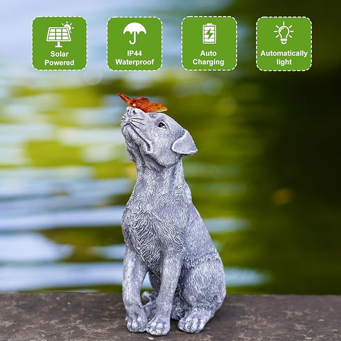 Solar Garden Statue Dog Figurine – Outdoor Decoration with Butterfly for Garden Yard Lawn Home Decor Outside : Unique Gifts for Mom Grandma
