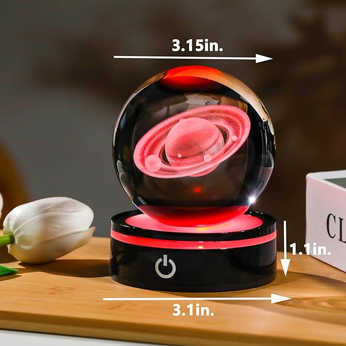YWHL 3D Crystal Ball with LED Light Base, 3D Laser Engraved Glass Sphere Galaxy Crystal Ball for Home Decorations, Planet Saturn Lamp Gifts for Mother's Day Birthday Christmas (80mm)