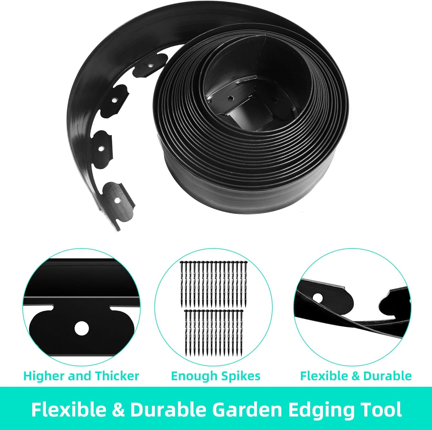 Landscape Edging Coil 66 FT, 4 Inch Tall Garden Edging Border Flexible Lawn Edging Kit with 60 Spikes, Plastic Edging for Landscaping Flower Beds Yard Pathway Paver Edging (4IN x 66FT, Black)