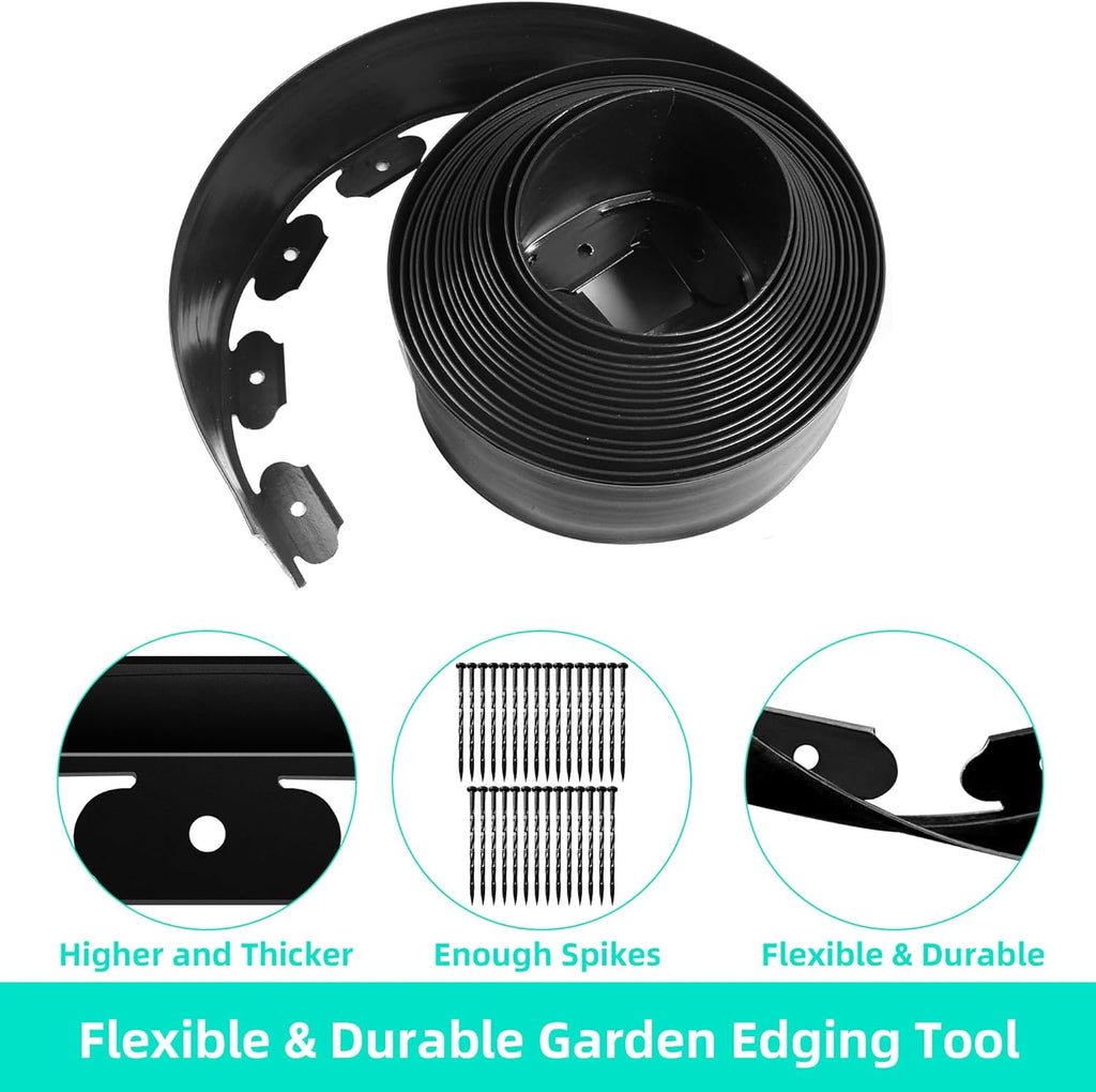 Landscape Edging Coil 33 FT, 4 Inch Tall Garden Edging Border Flexible Lawn Edging Kit with 30 Spikes, Plastic Edging for Landscaping Flower Beds Yard Pathway Paver Edging (4IN x 33FT, Black)