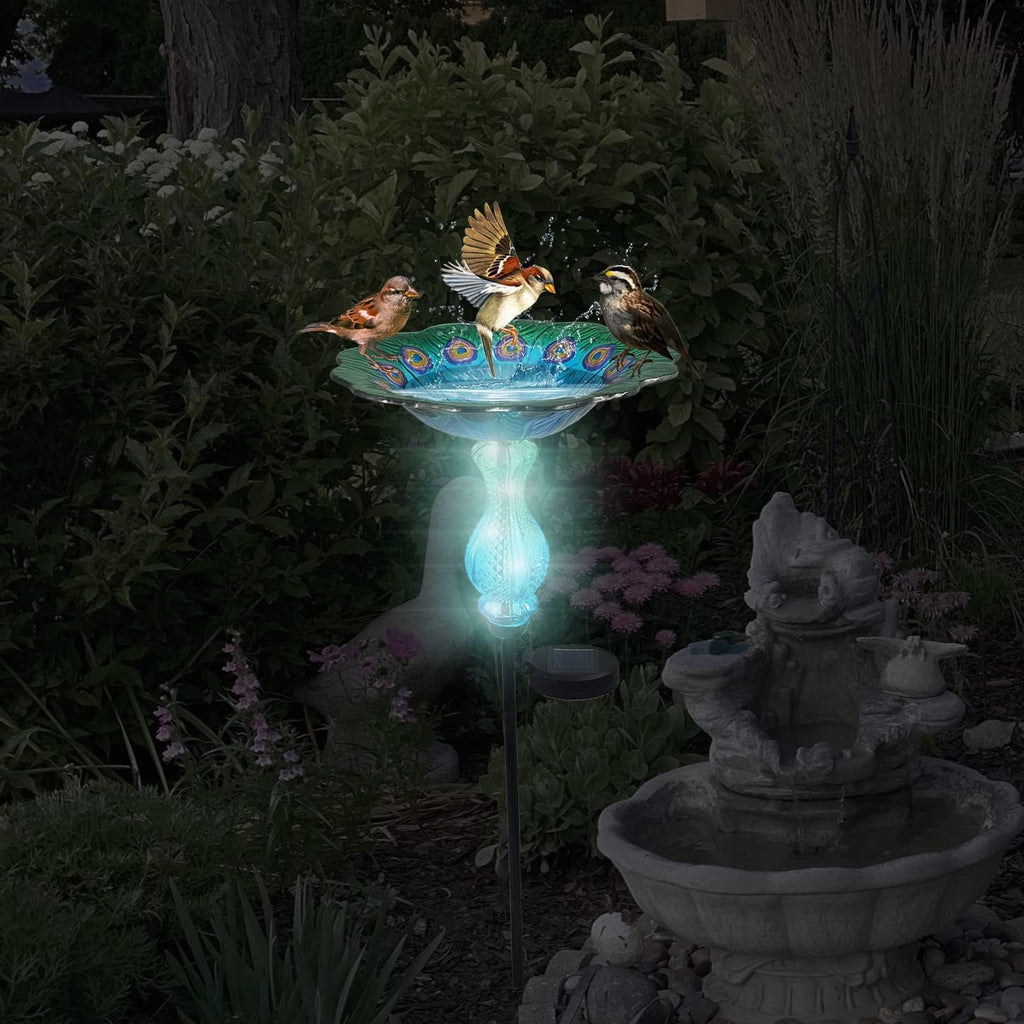 John's Studio Peacock Bird Bath for Outdoor - Glass Bowl Solar Light Cage Outside Dish Bird Feeder with Metal Stake for Garden, Yard and Patio - 32 inches