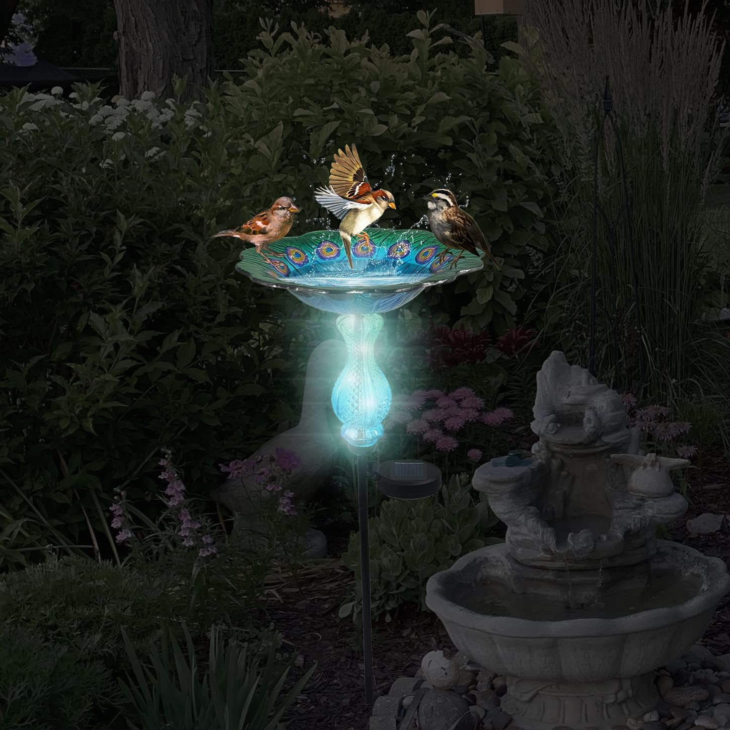 John's Studio Peacock Bird Bath for Outdoor - Glass Bowl Solar Light Cage Outside Dish Bird Feeder with Metal Stake for Garden, Yard and Patio - 32 inches