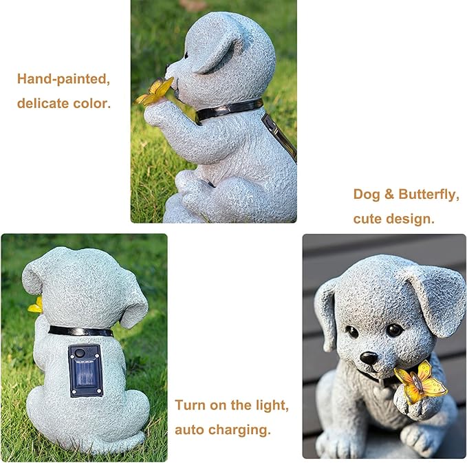 Solar Garden Decor Dog Statue with Butterfly Light Solar Lights Outdoor Waterproof Outdoor Solar Lights Garden Decor for Outside Lawn Decor Cute Dog Statue for Patio, Balcony, Yard Ornament