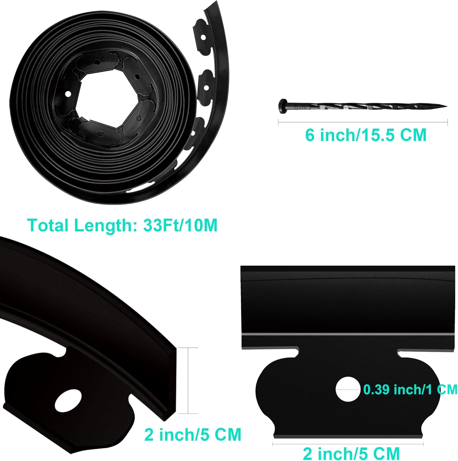 Landscape Edging Coil 33 FT, 2 Inch Tall Garden Edging Border Flexible Lawn Edging Kit with 30 Spikes, Plastic Edging for Landscaping Flower Beds Yard Pathway Paver Edging (2IN x 33FT, Black)