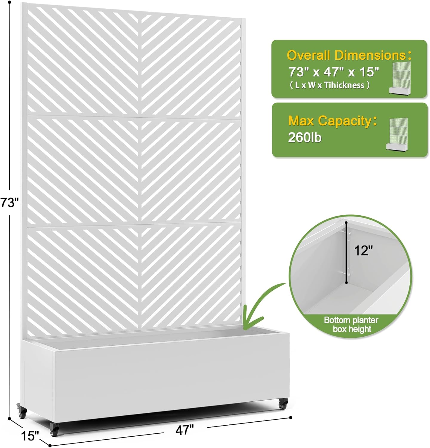 FENCY Metal Raised Garden Bed with Wheels and Trellis,73"x47"x16" Planter Box for Climbing Plants, Vegetables & Vines, Features Privacy Screen and Drainage Holes (White-Arrow)