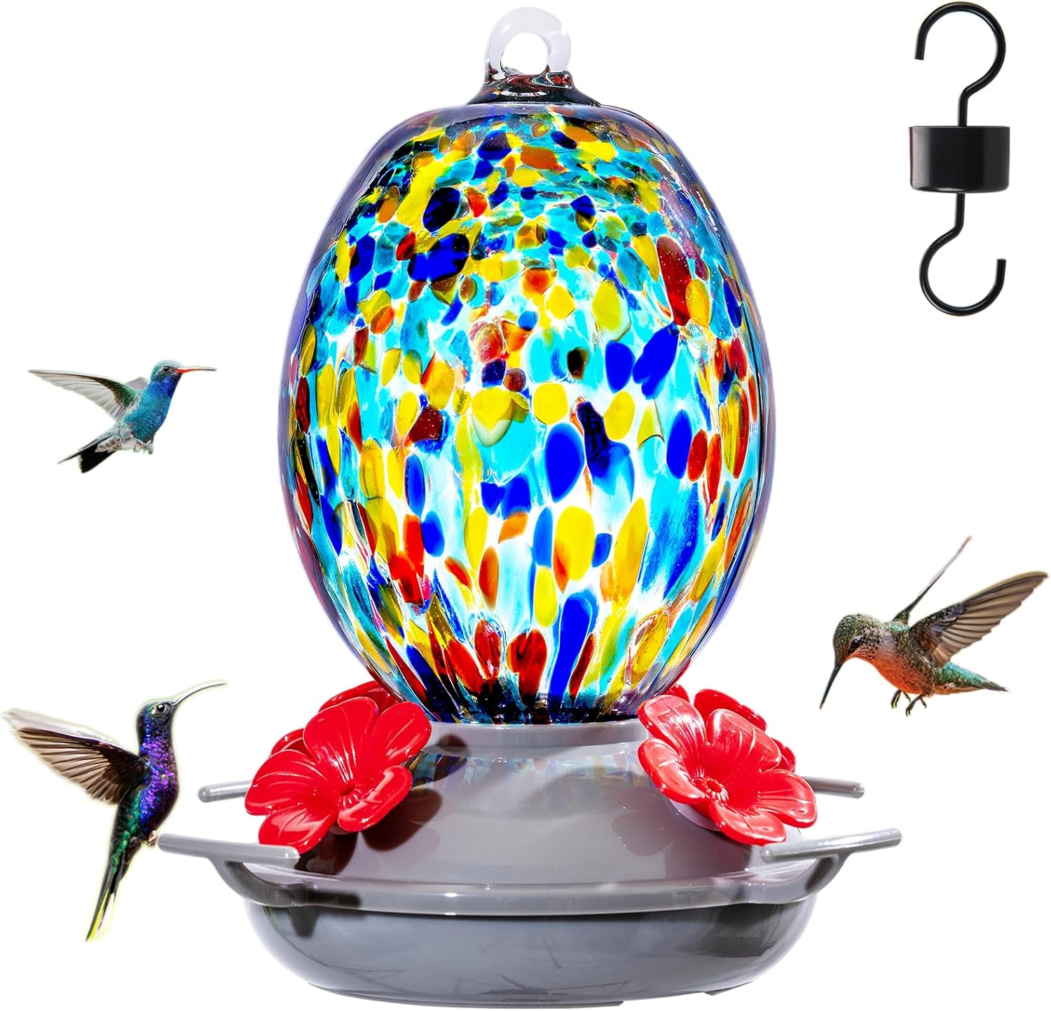 Muse Garden Hand Blown Glass Hummingbird Feeder - 19OZ Plastic Base Humming Bird Feeders for Outdoors Hanging, Garden Decor Gifts for Bird Lovers, Blue Polka Dots