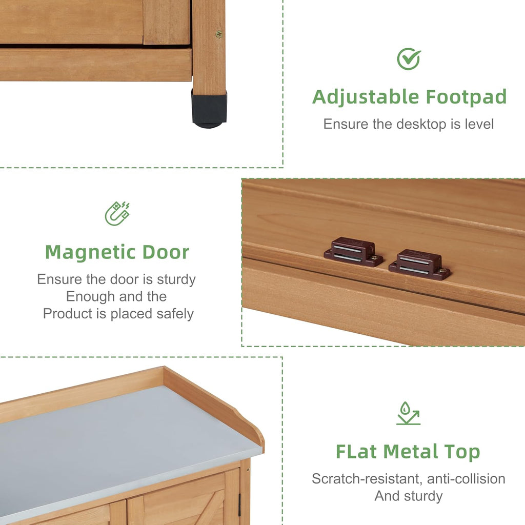 Potting Bench with Storage Cabinet and Metal Table Top for Outdoor Patio, Garden Furniture Wood Workstation (Light Brown, 31.5x17x39)