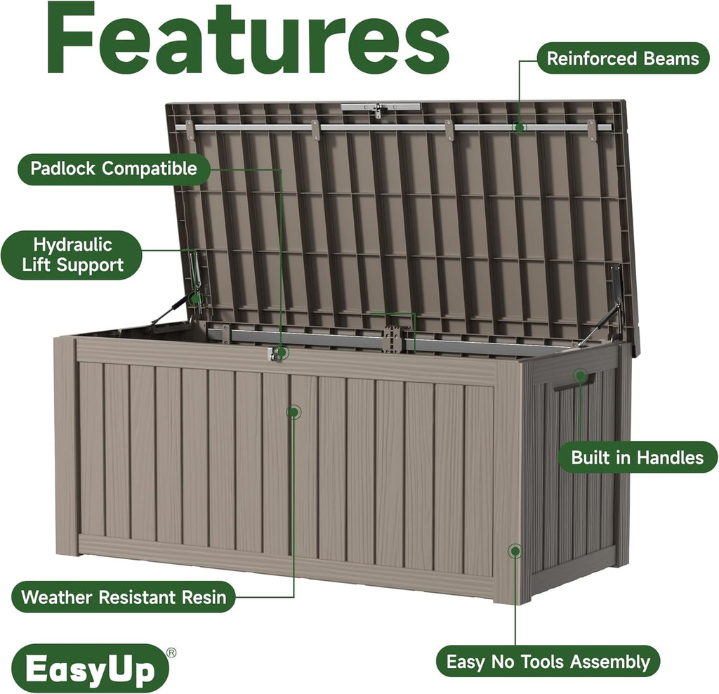 120 Gallon Outdoor Storage Box Waterproof, UV Resistant Resin Deck Box with Hydraulic Rod, Reinforced Stability for Patio, Garden, and Pool, Striped Gray