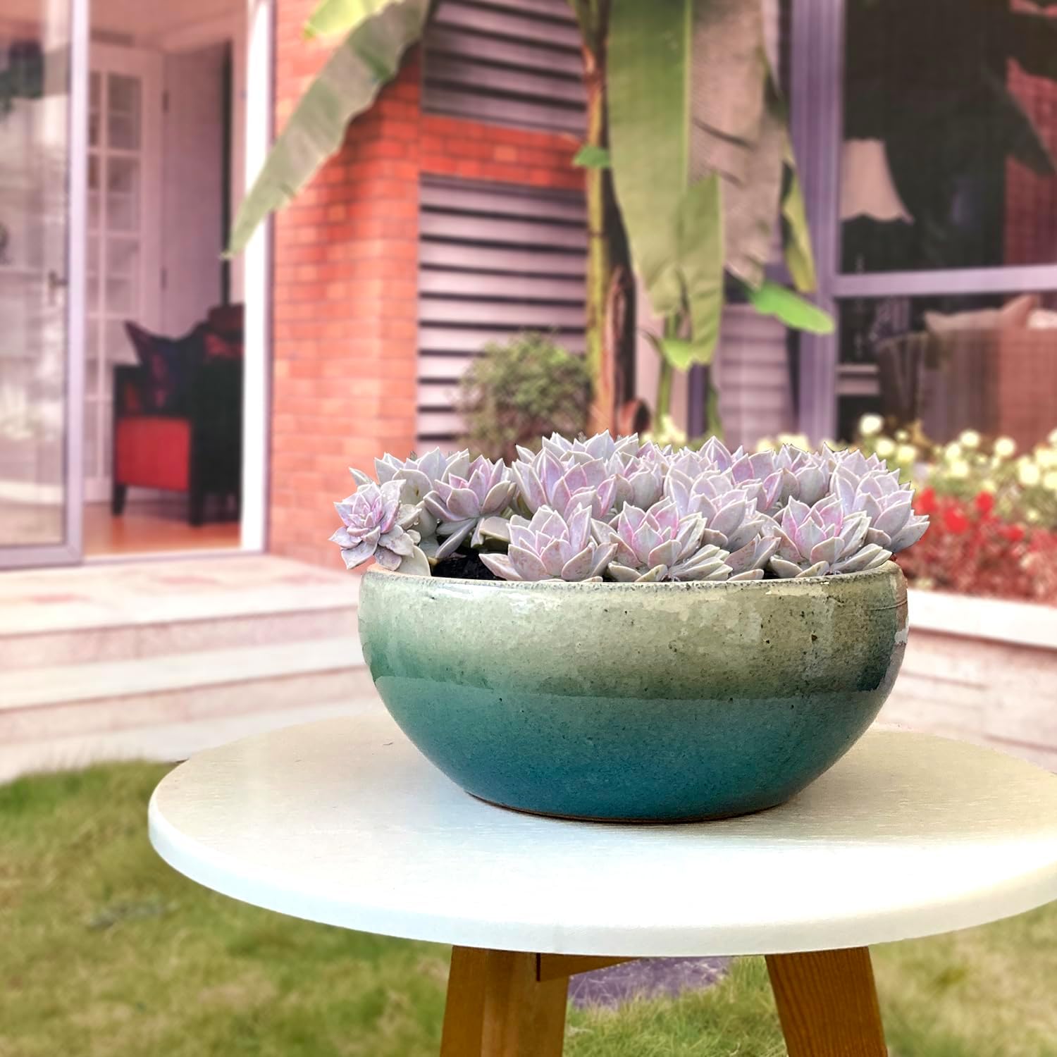 11 9 7 Inch Succulent Pot with Drainage and Mesh Pads Large Round Ceramic Plant Pot for Indoor Outdoor Plants Succulent Planter Cactus Bonsai Pot Container Set of 3 (White Green)