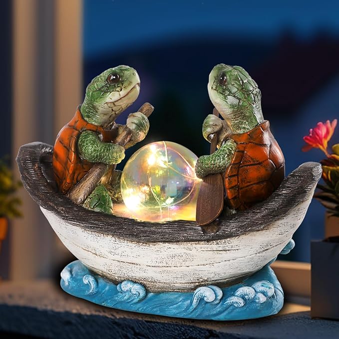 Solar Turtles Boating Garden Statue with Ball Light 5.5" Resin Turtle Figurines Outdoor Statues for Garden Patio Porch Yard Lawn Women Kids Men