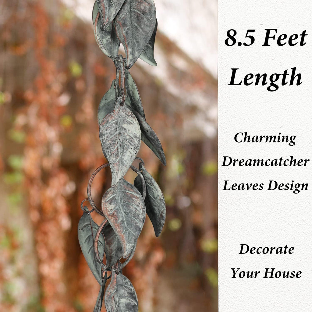 8.5 FT Rain Chain, Rain Chains for Gutters, Metal Rain Chain Downspouts, Circle with Leaves Rain Gutter Chains, Metal Rain Catcher for Outside, Decorative Your House and Garden, Verdigris