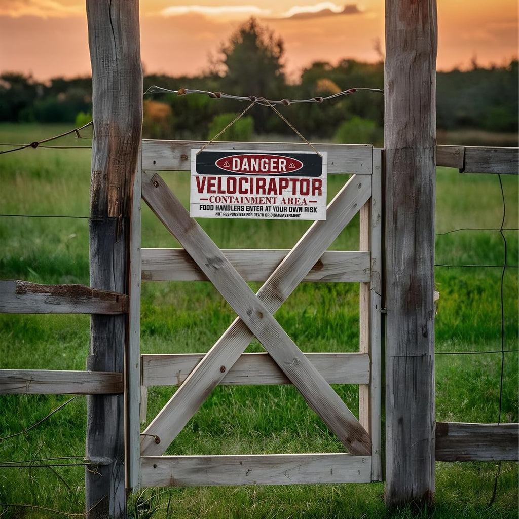 Warning Velociraptor Containment Area Sign, Danger Dinosaur Park Decor, Decorative Hanging Wood Plaque, Farmhouse Indoor Outdoor Decor, Door Gate Hanger, Novelty Sign