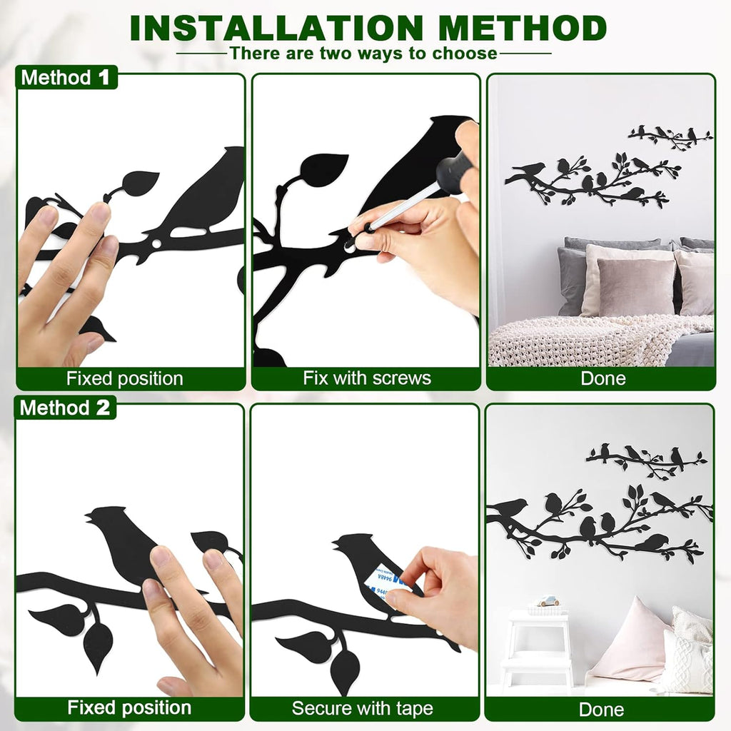 ULENDIS 3Pcs Large Metal Birds Wall Art, Bird on Branch Metal Birds Wall Decor Leaves with Bird Silhouette Sculpture, Ornament Branch Wall Hanging Sign for Balcony Garden Indoor Outdoor Decor