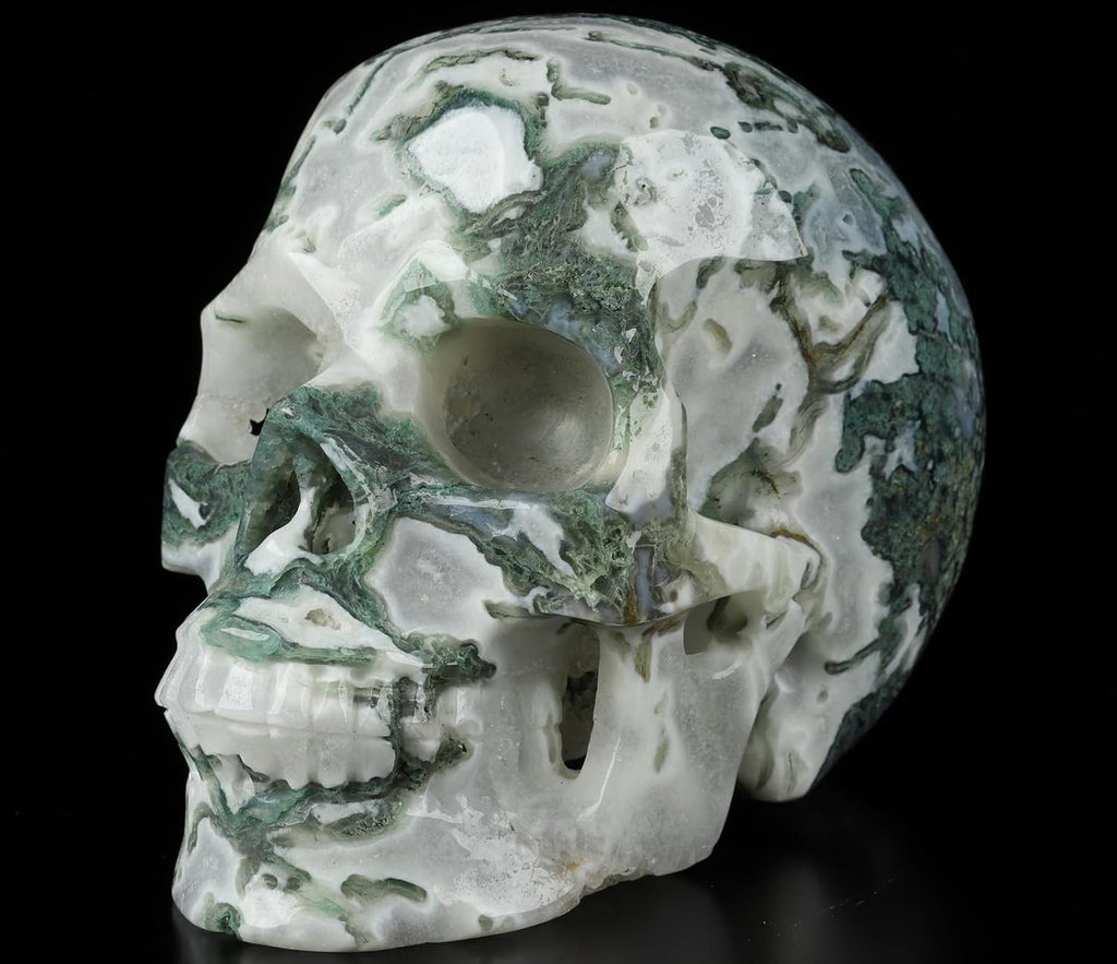 Skullis 5.0” Green Moss Agate Crystal Skull, Hand Carved Gemstone Fine Art Sculpture, Reiki Healing Stone Statue.2054