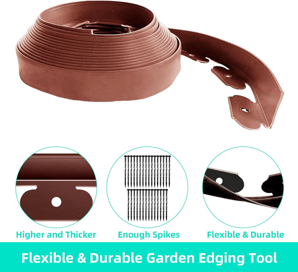 Landscape Edging Coil 33 FT, 2 Inch Tall Garden Edging Border Flexible Lawn Edging Kit with 30 Spikes, Plastic Edging for Landscaping Flower Beds Yard Pathway Paver Edging (2IN x 33FT, Brown)