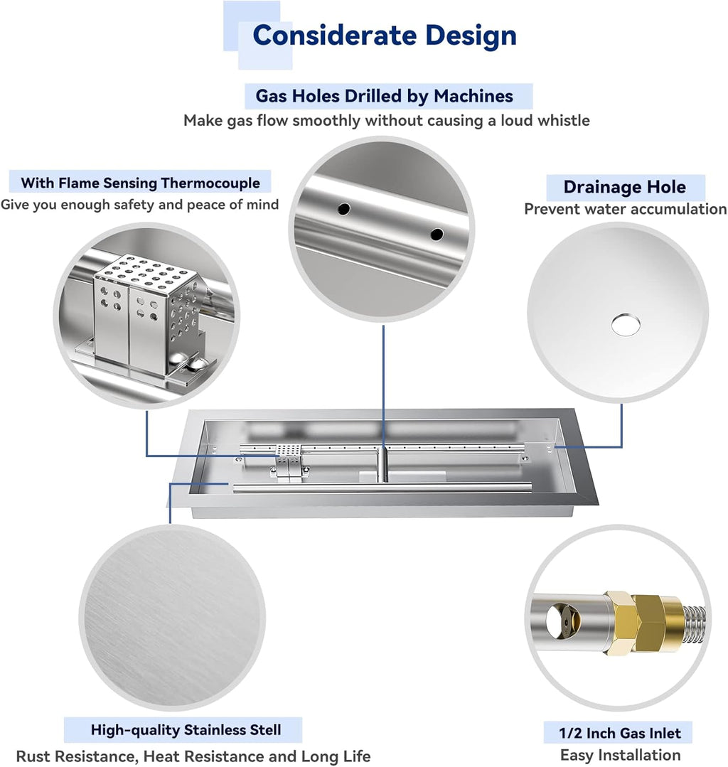 Skyflame Stainless Steel 24" Rectangle Fire Pit Drop-in Burner Kit with Extinguishing Protection Device, Flame Sensing, Electronic Spark Ignition, Gas Hose Connector for Propane
