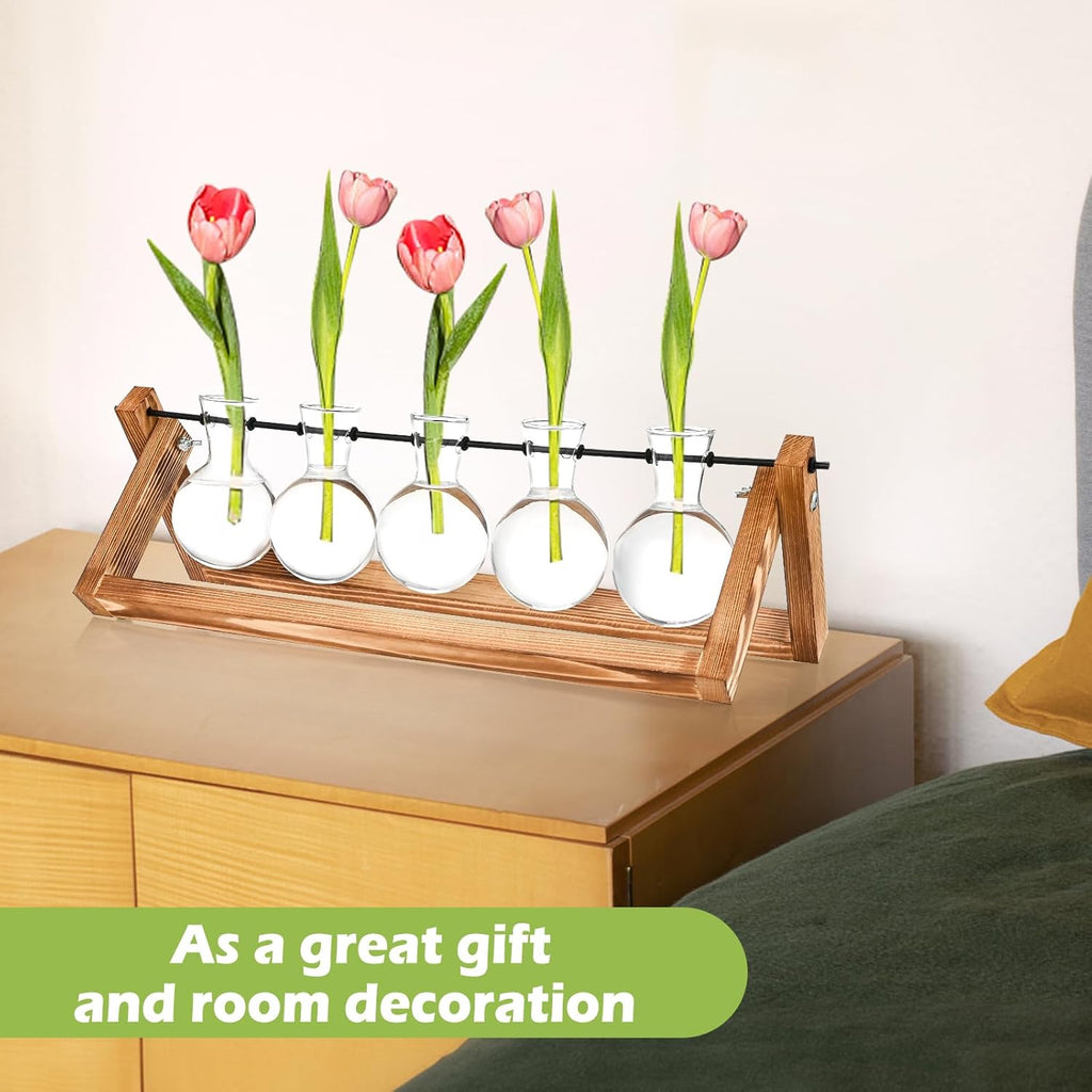 Retro Wood Stand Plant Terrarium with 5 Air Planter Bulb Glass Vases, Perfect for Home, Office, or Wedding Decor. Great Desktop Propagation Station and Plant Lover Gift for Women (5 Bulb Vase)