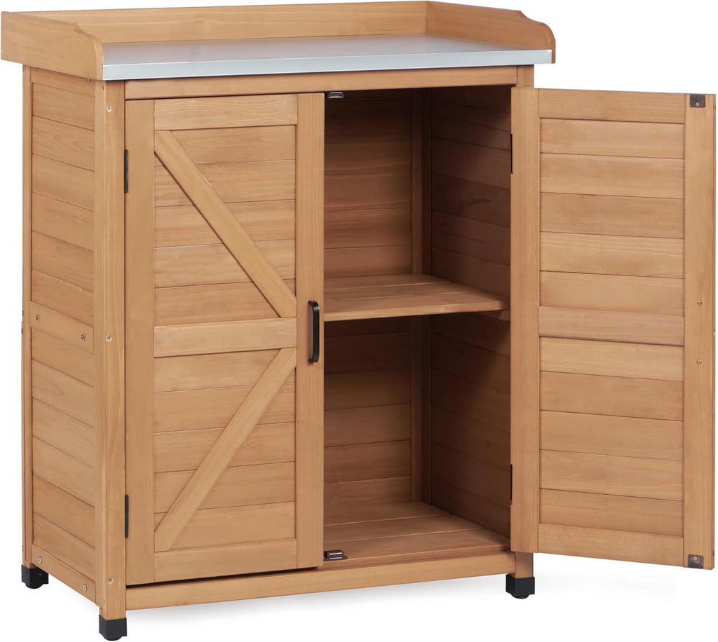 Potting Bench with Storage Cabinet and Metal Table Top for Outdoor Patio, Garden Furniture Wood Workstation (Light Brown, 31.5x17x39)