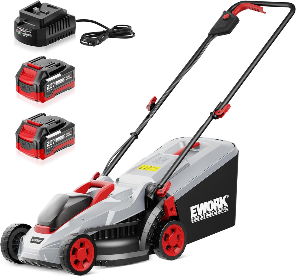 EWORK 40V 13-Inch Electric Lawn Mower Cordless, Brushless Motor, 5 Height Adjustment with 2 x 20V 4.0Ah Batteries and Charger, Battery Powered Walk-Behind Lawn Mowers Suitable for Garden, Small Yards