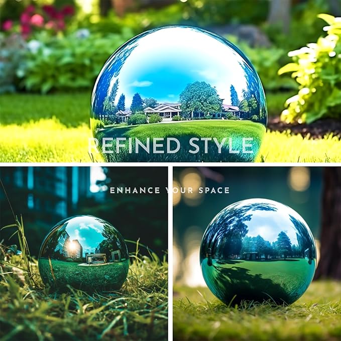 12 Inch Stainless Steel Gazing Globe,v2croft Hollow Ball Mirrored Surface Polished Shiny Sphere,Garden Stainless Steel Gazing Ball for Outdoor Lawn Pond Yard Ornament (Light Blue)