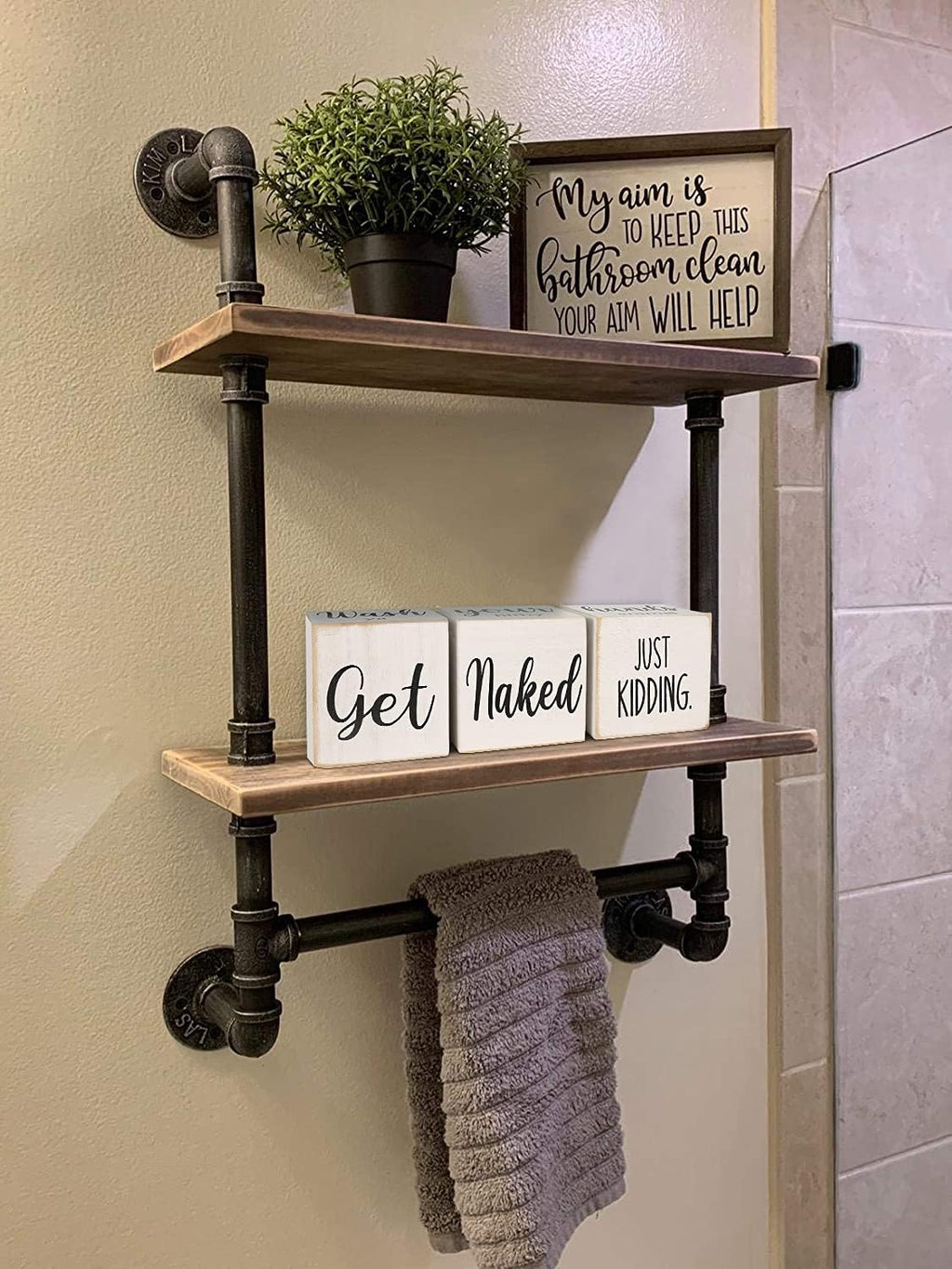 Funny Farmhouse Bathroom Decor and Accessories for Shelf, 4-Sided Wooden Blocks - Nice Butt&Get Naked&Hello Sweet Cheeks&Wash Your Hands Sign, Modern Rustic Restroom Decorations, White 2.8"